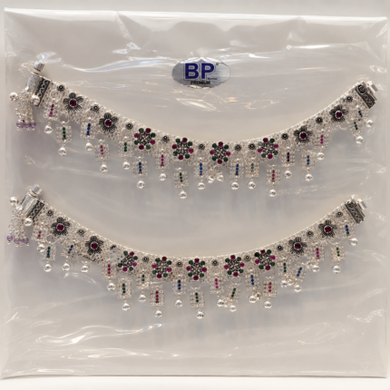 Traditional Oxidised Silver Floral Multicolour Stone Necklace Set