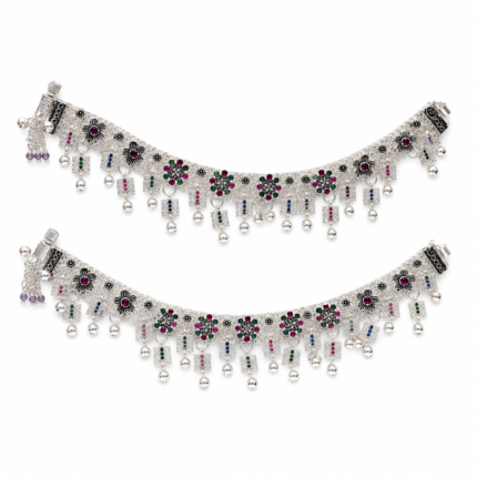 Traditional Oxidised Silver Floral Multicolour Stone Necklace Set