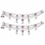 Multilayer Silver Floral Heart Charm Bridal Payal Set