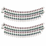 Green Emerald & Ruby Multicolour Silver Bridal Payal Set