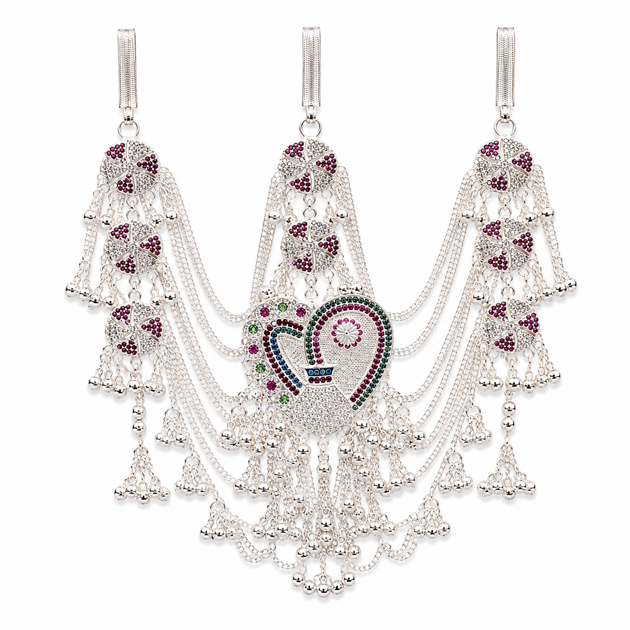 ChatGPT Image Aug 26, 2026, 08_16_09 PM Elegant Multicolour Heart & Peacock Design Silver Bridal Necklace Set - Image 1