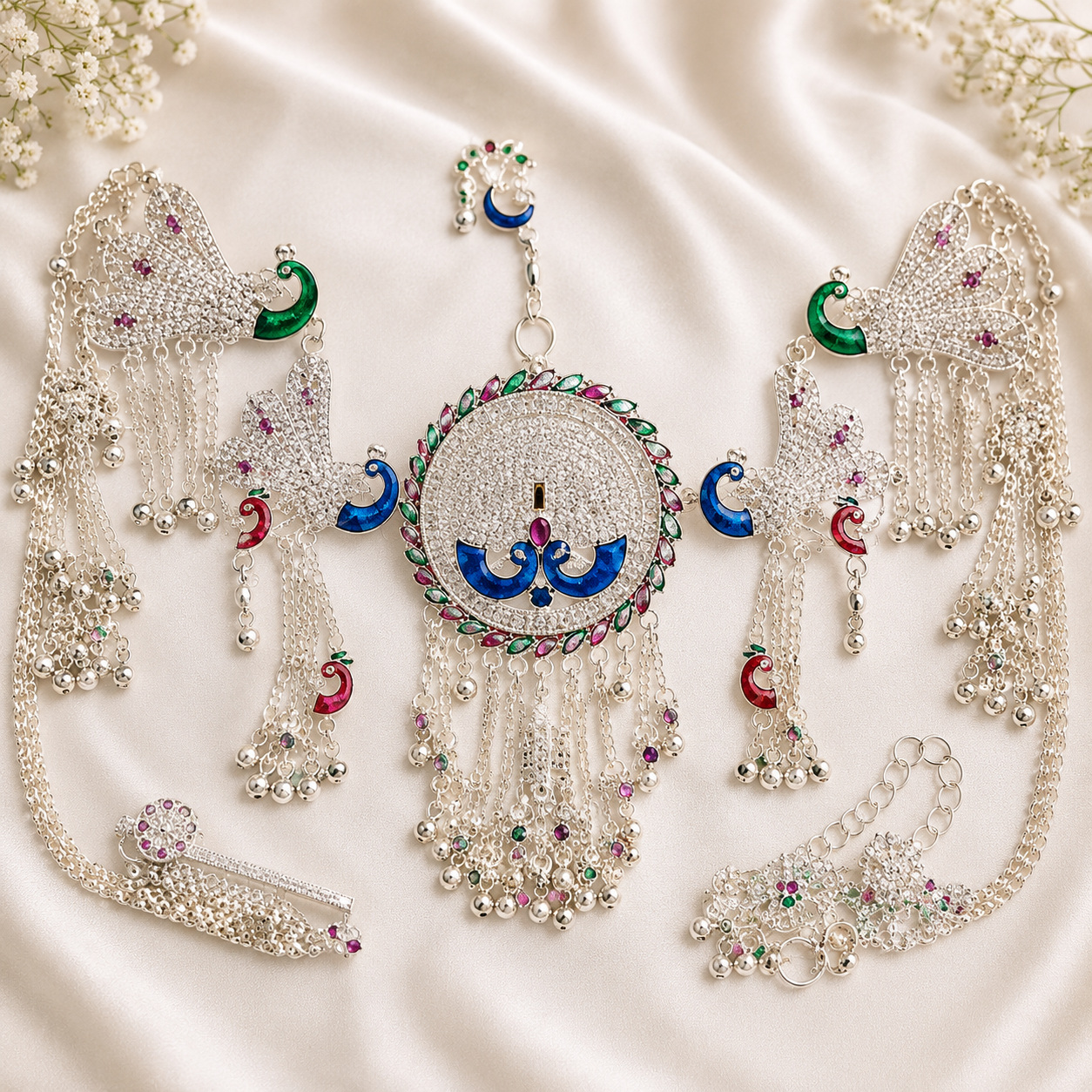 ChatGPT Image Aug 27, 2026, 06_50_56 PM Multicolor Peacock Design Silver Bridal Jewellery Set - Image 1
