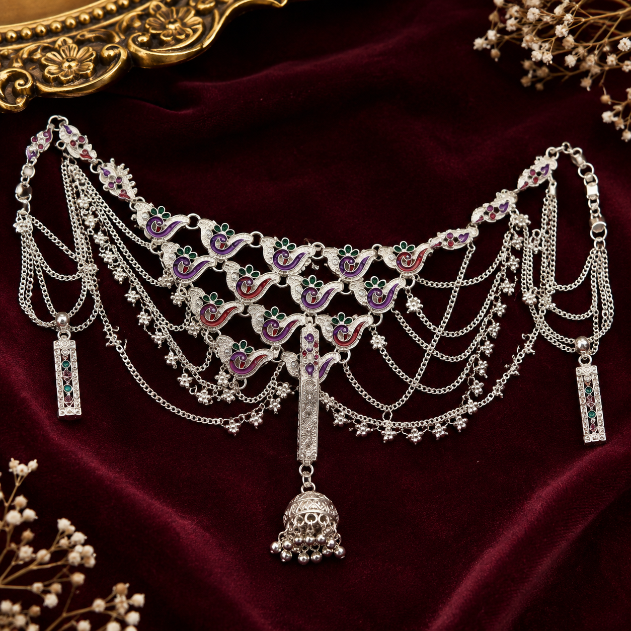 ChatGPT Image Aug 27, 2026, 07_09_33 PM Multicolor Enamel Silver Bridal Choker Set - Image 1