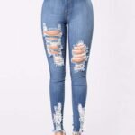 Women Fashion High Waist Solid Color Elegant Ripped Jeans