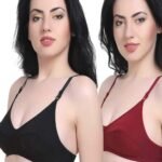 Women's T-Shirt Cotton Hosiery Black & Red Bra (Pack of 2)