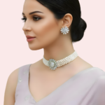 Classic White Pearl Choker Necklace and Floral Earrings Set